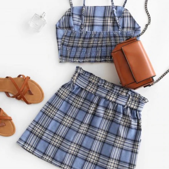 Zaful Plaid Smocked Buttons Belted Two Piece Suit - Picture 3 of 5